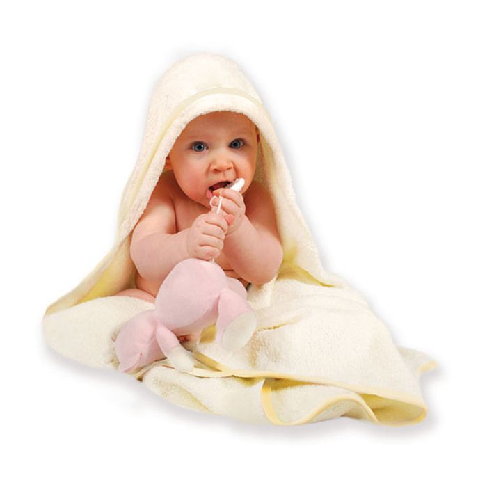 Rankšluostis kūdikiui "Lux Plus" su gobtuvu 100x100cm "termofrotte" švies.gelsvos sp.