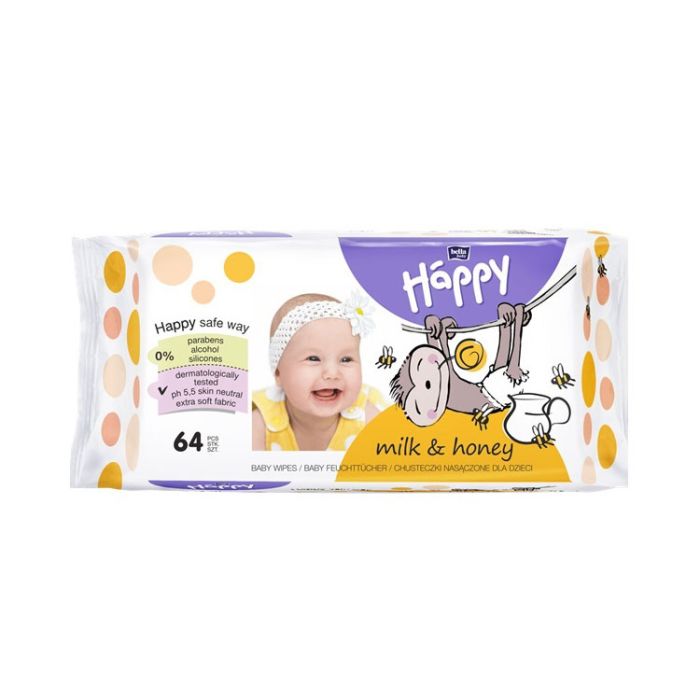 Drėgnos servetėlės Bella Happy "Milk&Honey" 64vnt balt.sp.