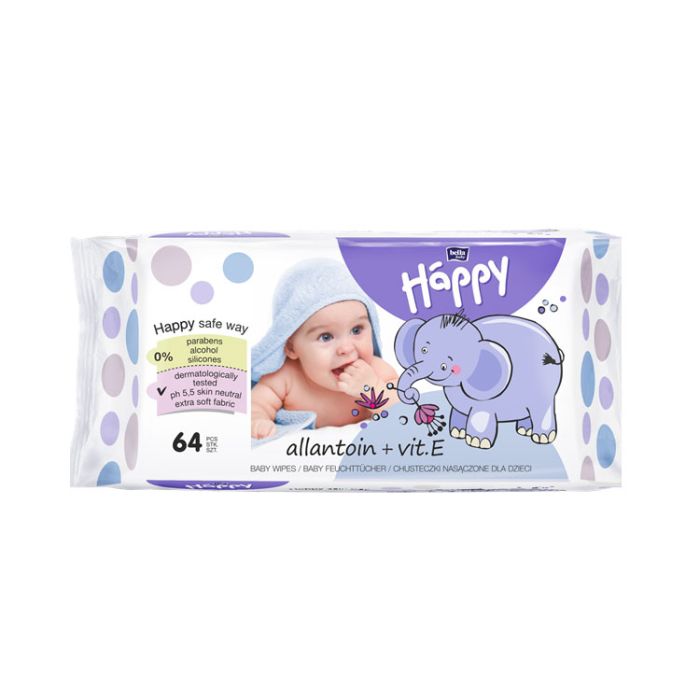 Drėgnos servetėlės Bella Happy su alantoinu ir vit.E 64vnt balt.sp.