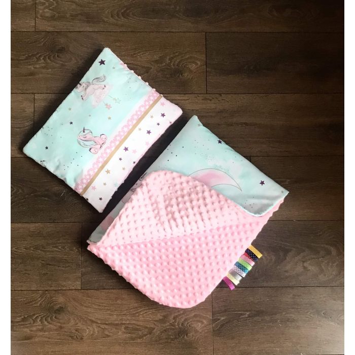 Komplektas kūdikio vežimėliui "Lovely unicorns" turkio spalvos