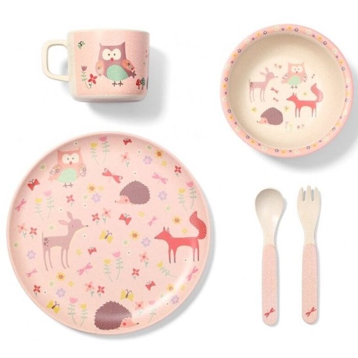 Indų ir įrankių rinkinys kūdikiui iš bambuko, rausvas