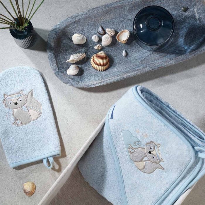 Bambukinis rankšluostis kūdikiui "Foxy" su gobtuvu 100x100cm melsvas