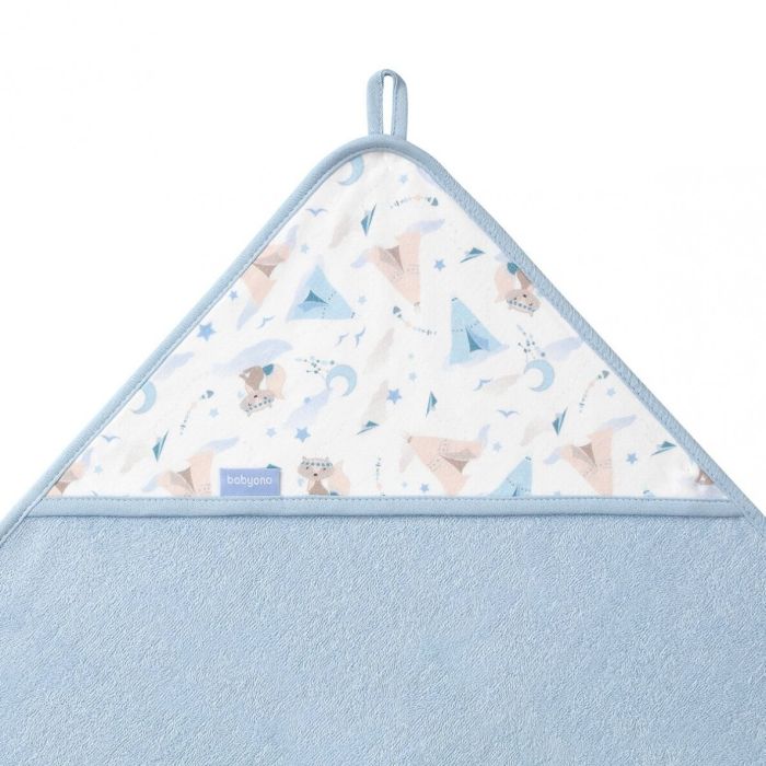 Rankšluostis kūdikiui "Indiana" su gobtuvu 100x100 cm "frotte" melsvas