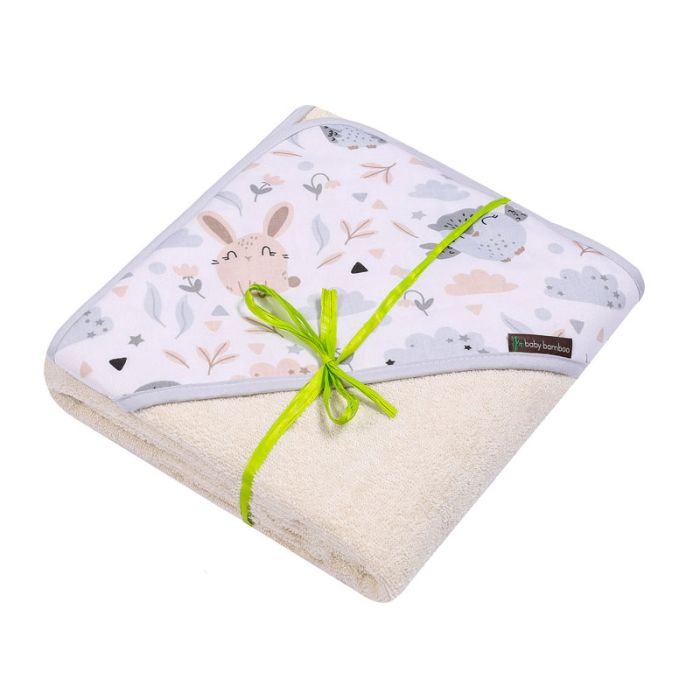 Bambukinis rankšluostis kūdikiui "Baby bamboo" su gobtuvu 100x100 cm  su pelėdžiukais, šv. gelsvas