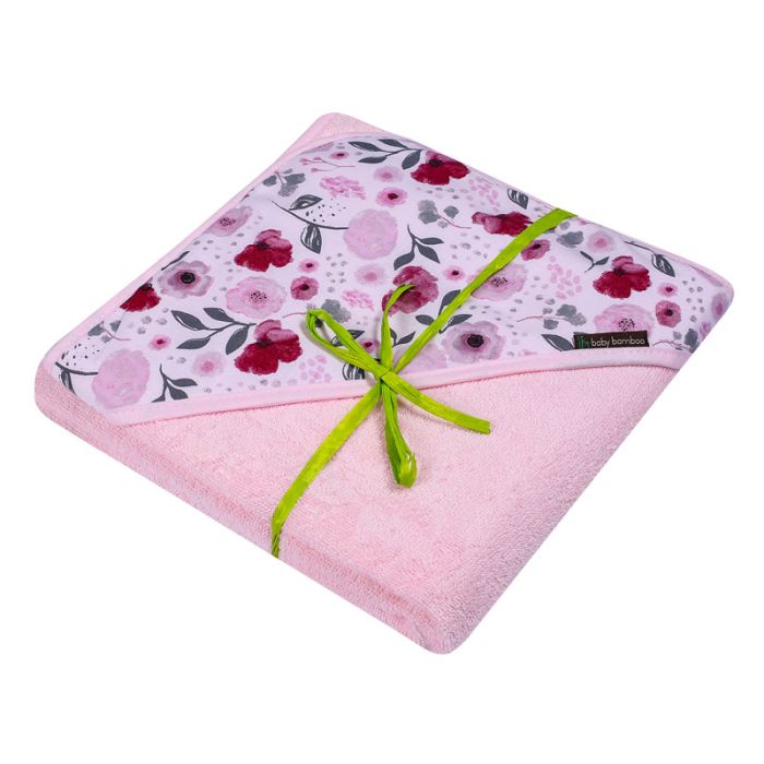 Bambukinis rankšluostis kūdikiui "Baby bamboo" su gobtuvu 100x100 cm  su gėlytėmis
