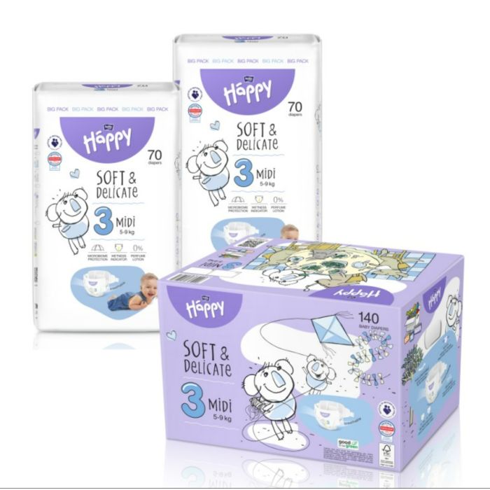 Sauskelnės kūdikiams BELLA Midi "3" 5-9kg 140 vnt Soft&Delicate