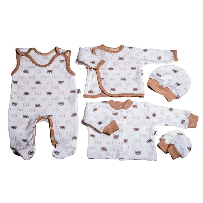 Kraitelis kūdikiui - šliaužtinukai, marškinėliai, kepurytė, pirštinytės su meškiukais