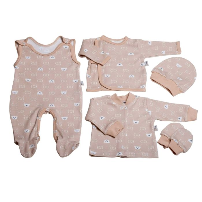 Kūdikio kraitelis - drabužėliai naujagimiui "Bear glamour beige" 5 dalių 