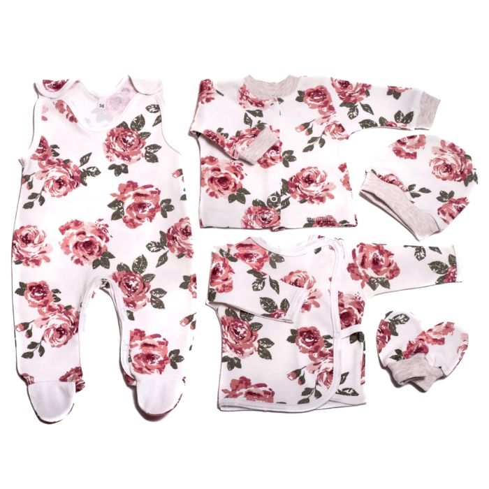 Kūdikio kraitelis - drabužėliai naujagimiui "Roses" 5 dalių baltas