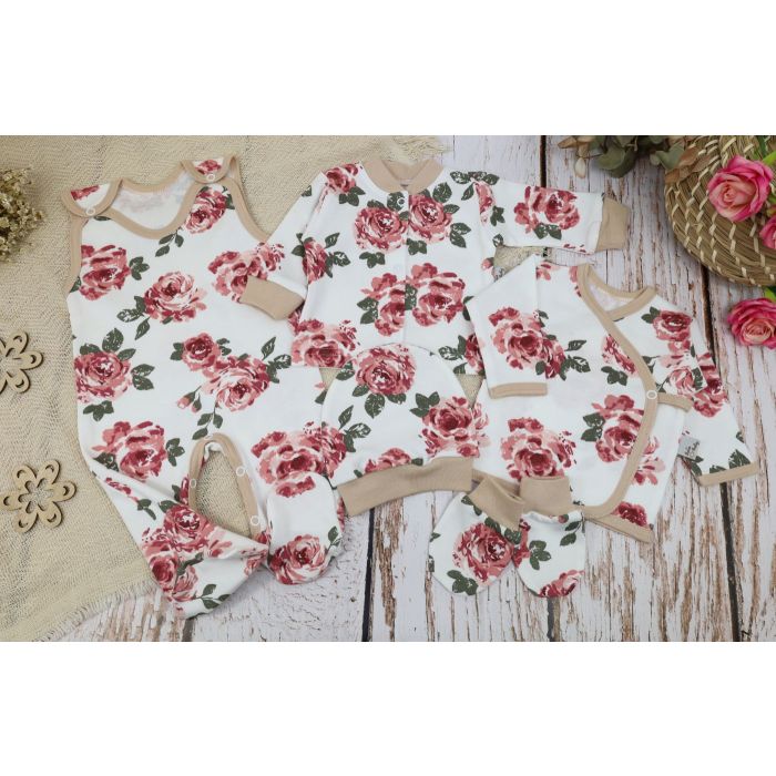 Kūdikio kraitelis - drabužėliai naujagimiui "Roses" 5 dalių baltas