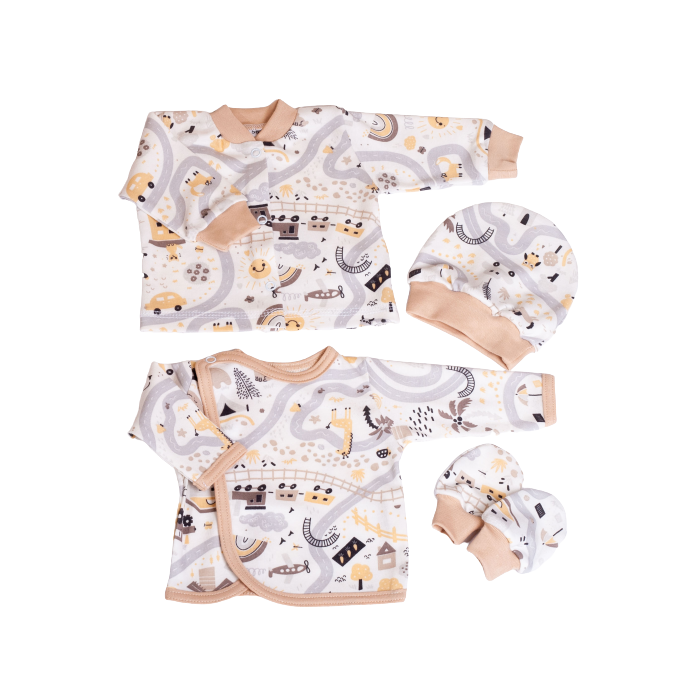 Kūdikio kraitelis - drabužėliai naujagimiui "Sunny days" 5 dalių smėlio spalvos