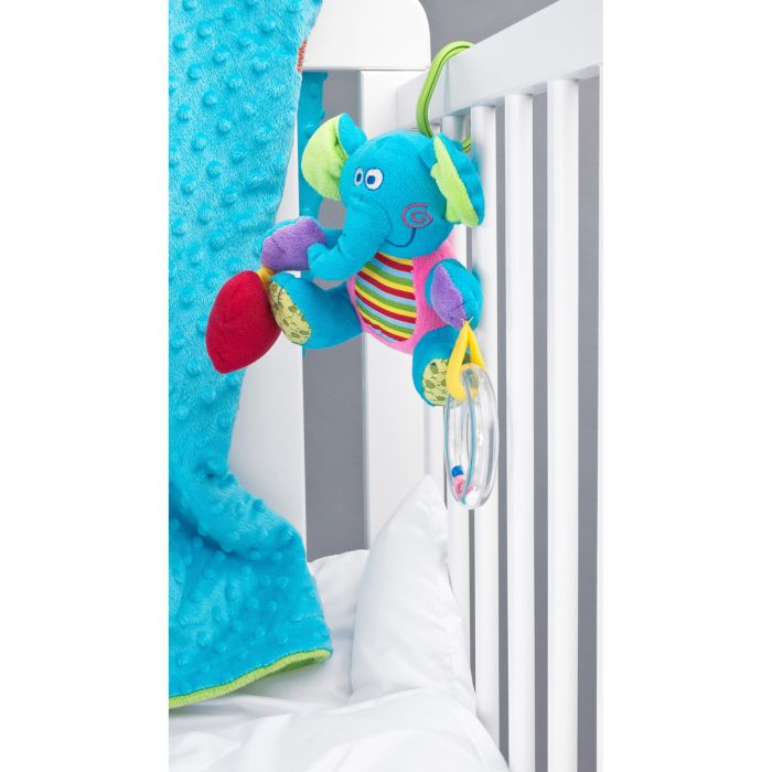 Minkštas edukacinis žaislas "Drambliukas" su vibrofunkcija ir barškučiu