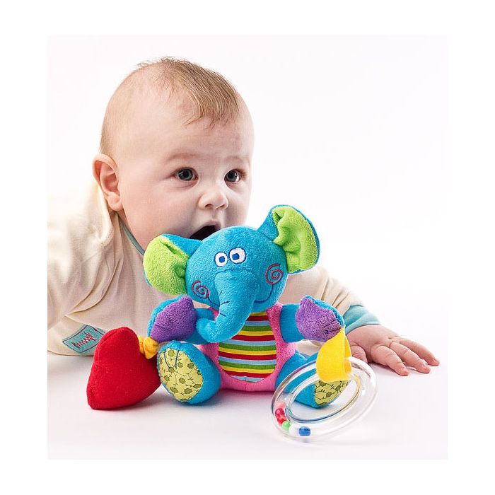 Minkštas edukacinis žaislas "Drambliukas" su vibrofunkcija ir barškučiu