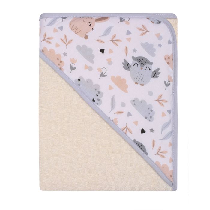 Rankšluostis kūdikiui "Owly" su gobtuvu 80x80 cm "frotte" šv. gelsvas