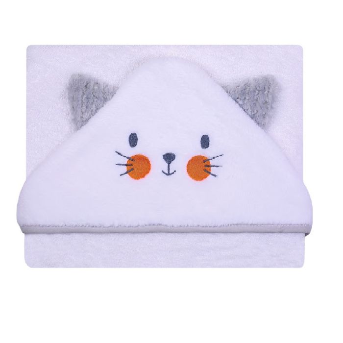 Rankšluostis kūdikiui "Cat" su gobtuvu 100x100cm "frotte" baltas