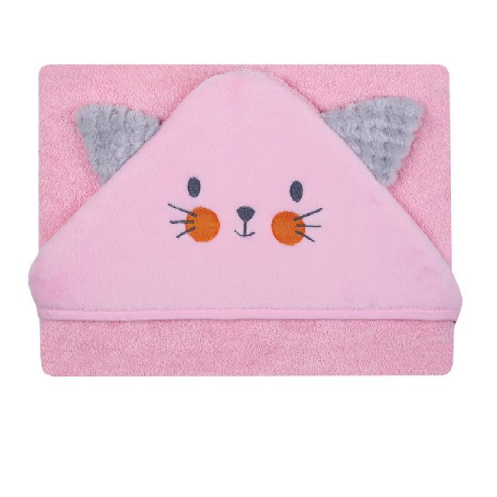 Rankšluostis kūdikiui "Cat" su gobtuvu 100x100cm "frotte" rožinis