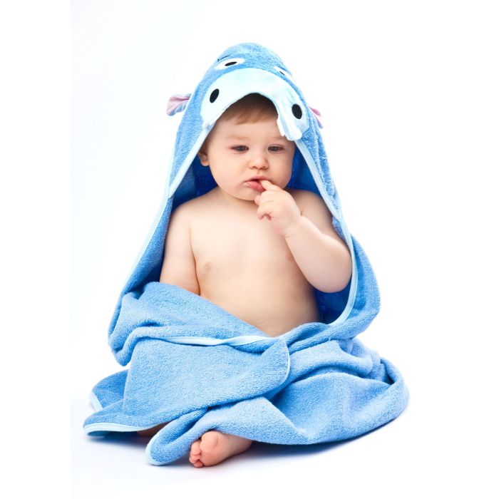 3D Rankšluostis kūdikiui "Hippo" su gobtuvu 100x100cm "frotte" mėlynos sp.