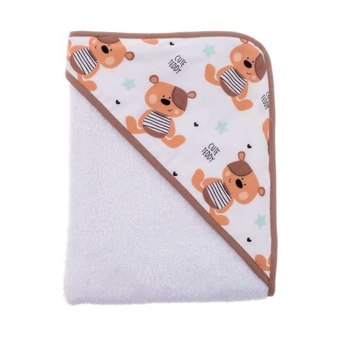 Rankšluostis kūdikiui "Cute Teddy" su gobtuvu 80x80 cm "frotte" baltos sp.