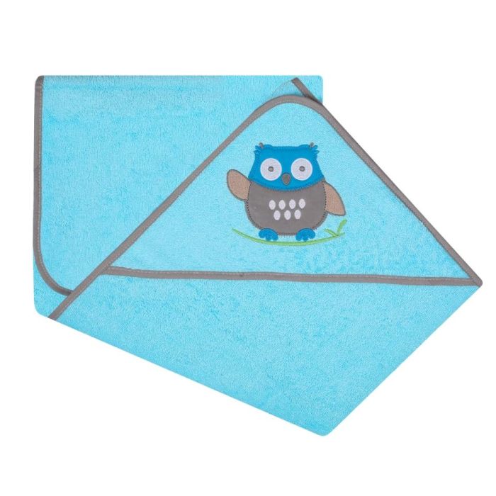 Rankšluostis kūdikiui "Happy owl" su gobtuvu 80x80cm "frotte" melsvos spalvos