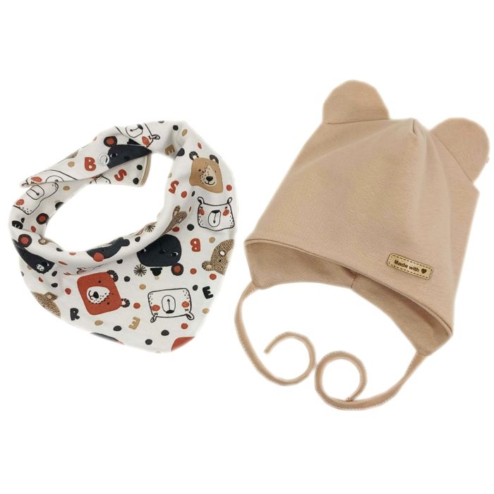 Kepurytė ir kaklaskarė kūdikiui "Love" - Beige bears