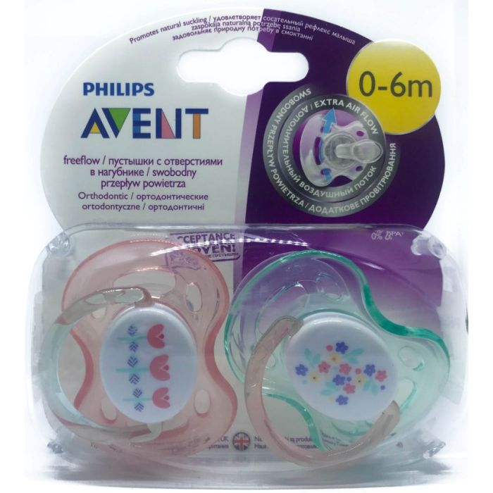 Čiulptukai kūdikiams AVENT "FreeFlow" ortodontiniai 0-6m mėtinis ir rožinis 2vnt