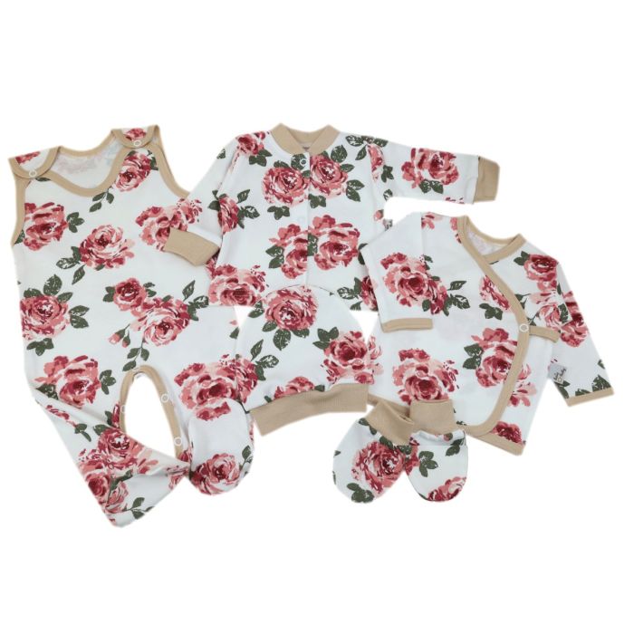 Kūdikio kraitelis - drabužėliai naujagimiui "Roses" 5 dalių baltas