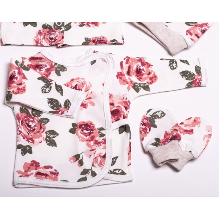 Kūdikio kraitelis - drabužėliai naujagimiui "Roses" 5 dalių baltas