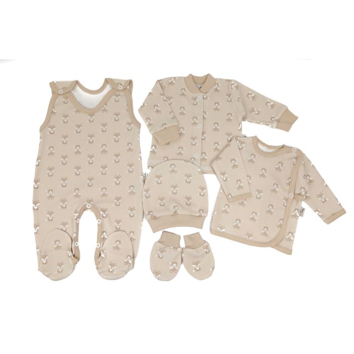 Kūdikio kraitelis - drabužėliai naujagimiui "Fox beige" 5 dalių