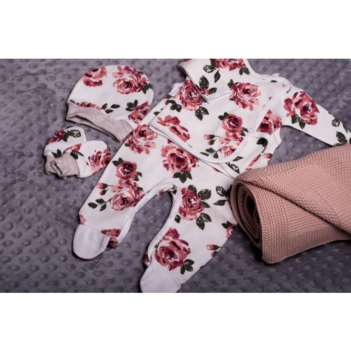Kūdikio kraitelis - drabužėliai naujagimiui "Roses" 5 dalių baltas