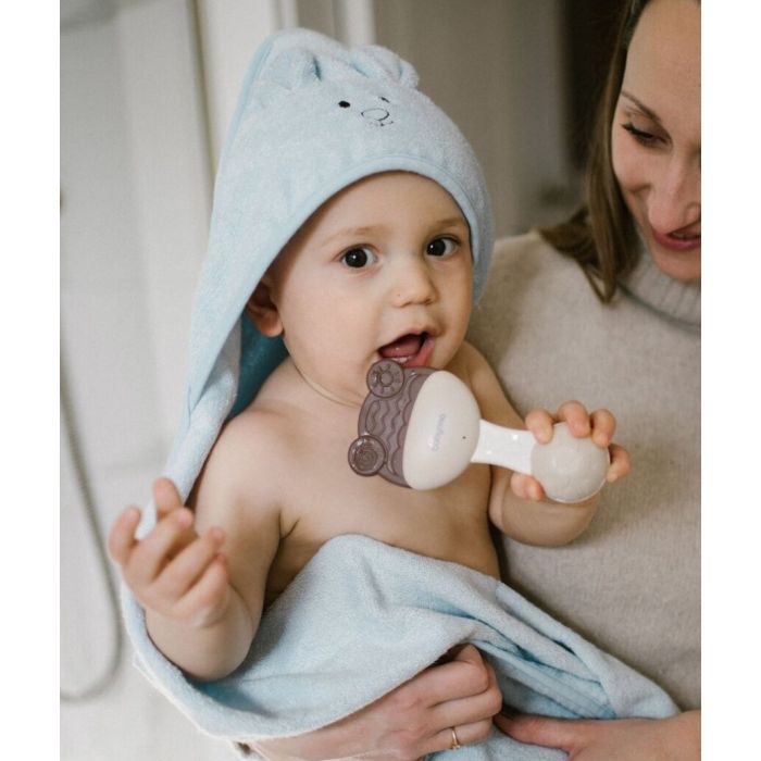 Bambukinis rankšluostis kūdikiui "Mouse blue" su gobtuvu 100x100 cm