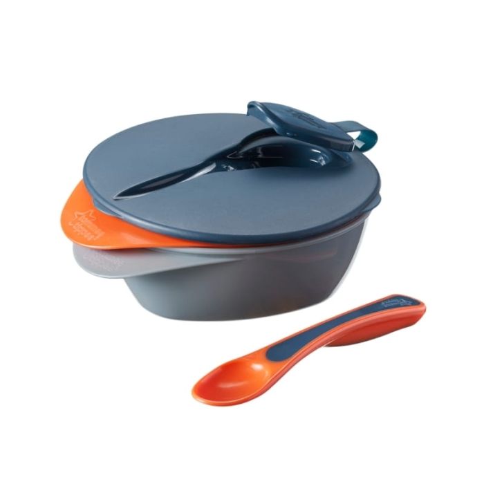 Tommee Tippee 2 dubenėliai su dangteliu ir šaukštu pilki