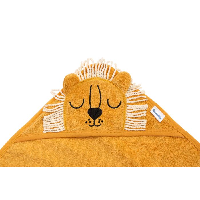 Rankšluostis kūdikiui "Lion" su gobtuvu 90X90 cm geltonas