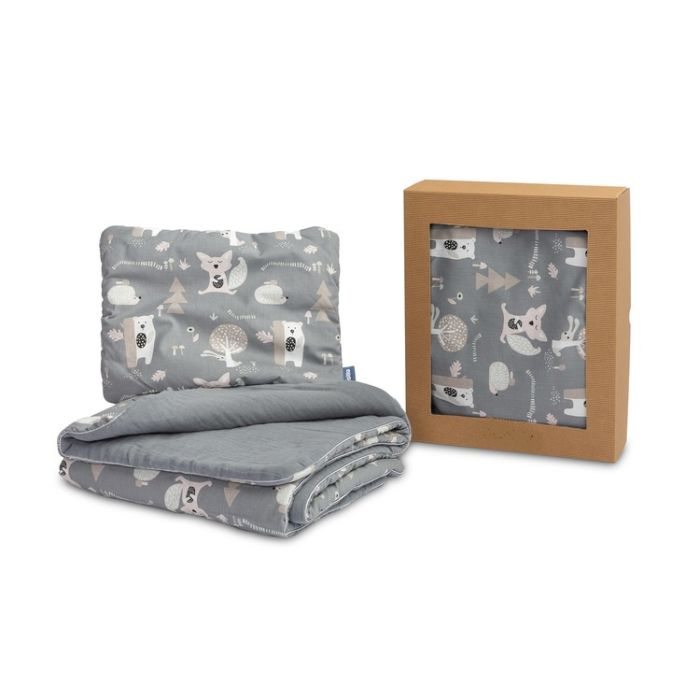 Muslino ir medvilnės pledukas ir pagalvė kūdikiui  "Friends" pilkas