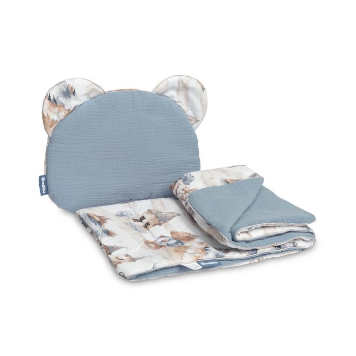 Muslino komplektas kūdikiui "Draco" pledas 56x76 cm ir pagalvė 38x28 cm melsvos spalvos