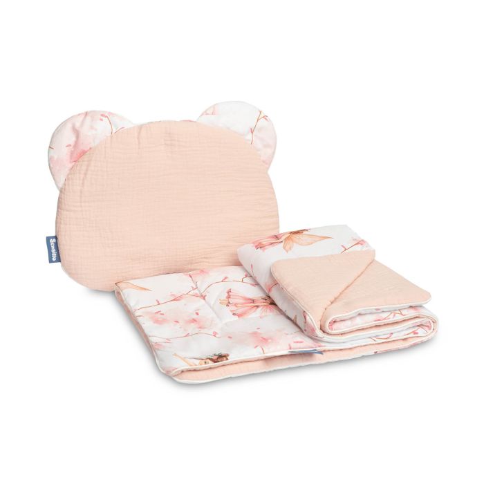 Muslino komplektas kūdikiui "Fairies" pledas 56x76 cm ir pagalvė 38x28 cm rausvos spalvos