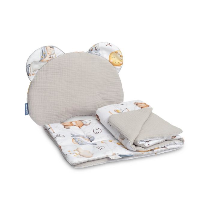 Muslino komplektas kūdikiui "ZODIAC" pledas 56x76 cm ir pagalvė 38x28 cm pilkos spalvos