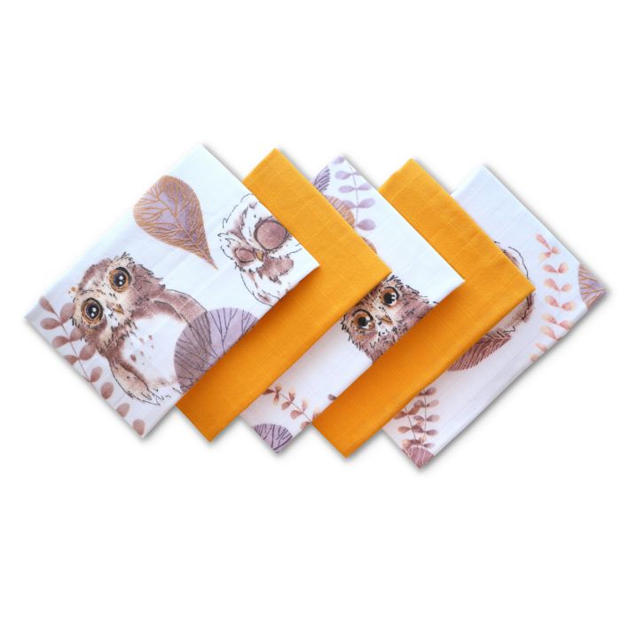 Muslino vystyklų rinkinys kūdikiams "Mini" 5 vnt 38x38 cm Owls yellow