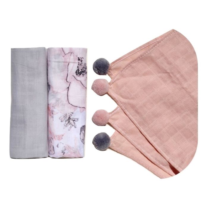 Muslino vystyklų rinkinys kūdikiams "Pinky" su pomponais