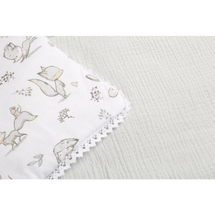 Muslino ir medvilnės pledukas ir pagalvė kūdikiui  "Foxy" pilkas