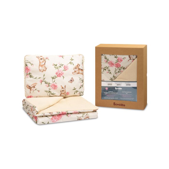 Muslino ir medvilnės pledukas ir pagalvė kūdikiui  "Alise" ecru