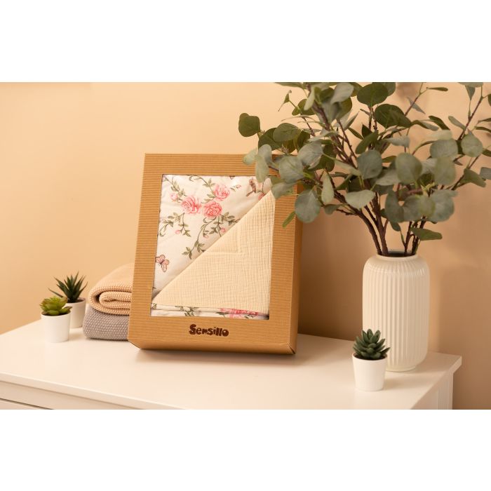 Muslino ir medvilnės pledukas ir pagalvė kūdikiui  "Alise" ecru