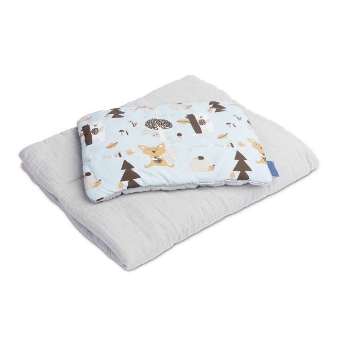 Muslino ir medvilnės pledukas ir pagalvė kūdikiui "Friends" melsvas 