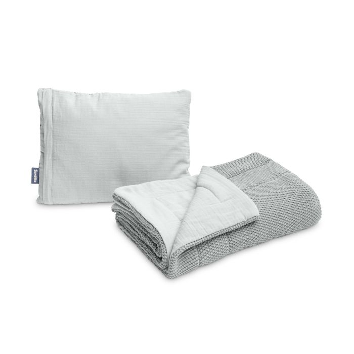 Muslino ir megztos medvilnės pledukas ir pagalvė kūdikiui "Luxury" pilkas