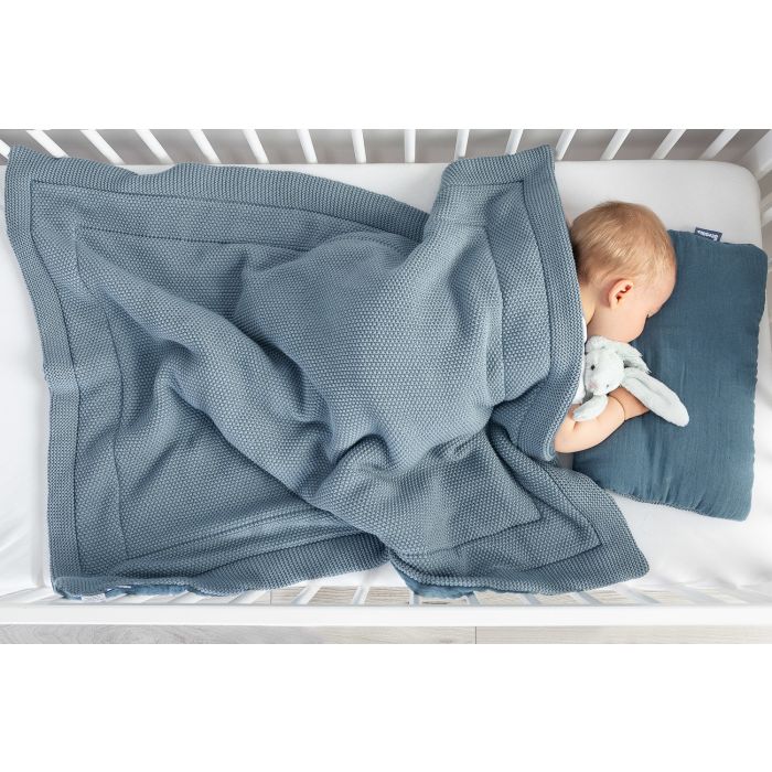 Muslino ir megztos medvilnės pledukas ir pagalvė kūdikiui "Luxury" pilkas