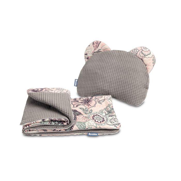 Komplektas kūdikiui "Pale flowers" pledas 56x76 cm ir pagalvė 36x28 cm pilkas