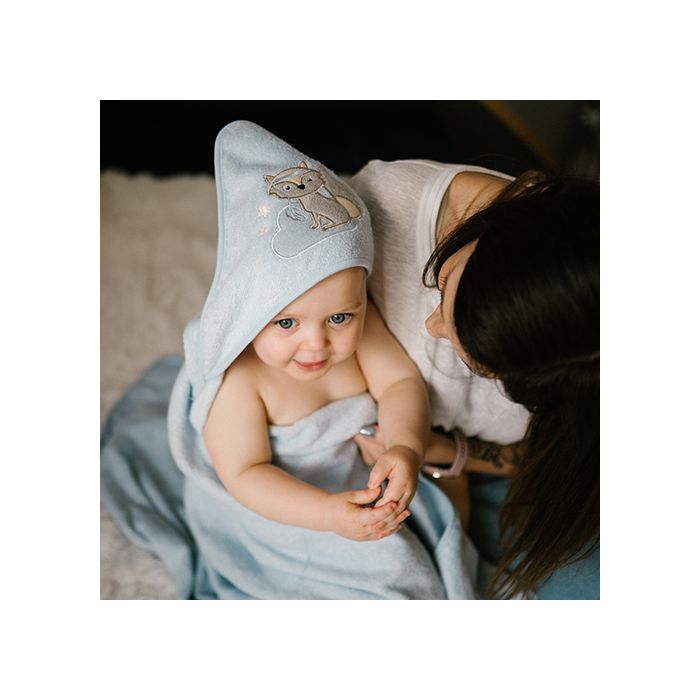 Bambukinis rankšluostis kūdikiui "Foxy" su gobtuvu 100x100cm melsvas