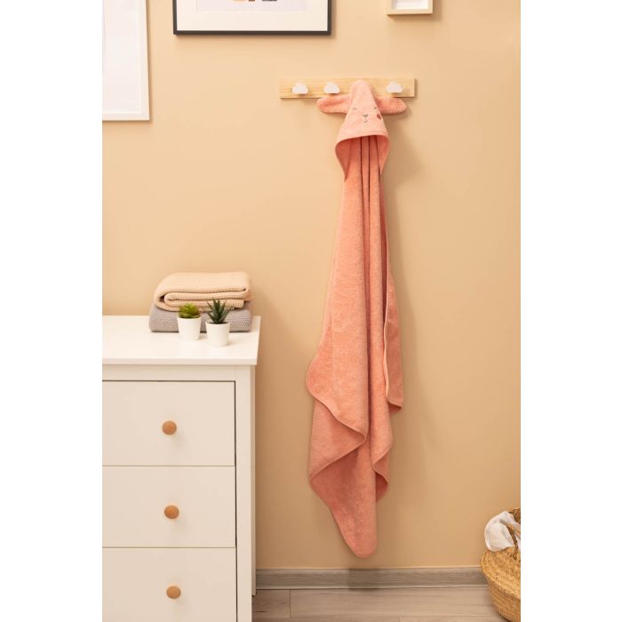 Rankšluostis kūdikiui "BUNNY" su gobtuvu 90X90 cm rožinės spalvos