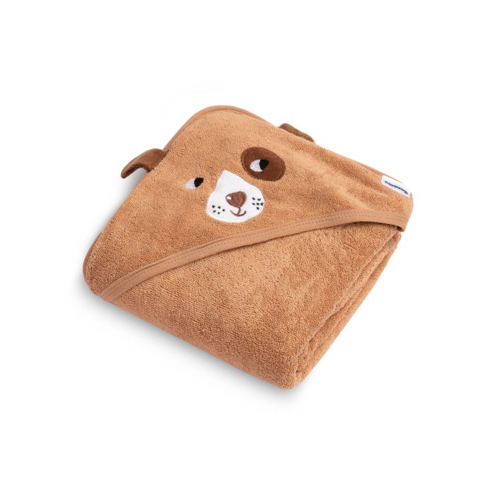 Rankšluostis kūdikiui "DOG" su gobtuvu 90X90 cm "frotte" rudos spalvos