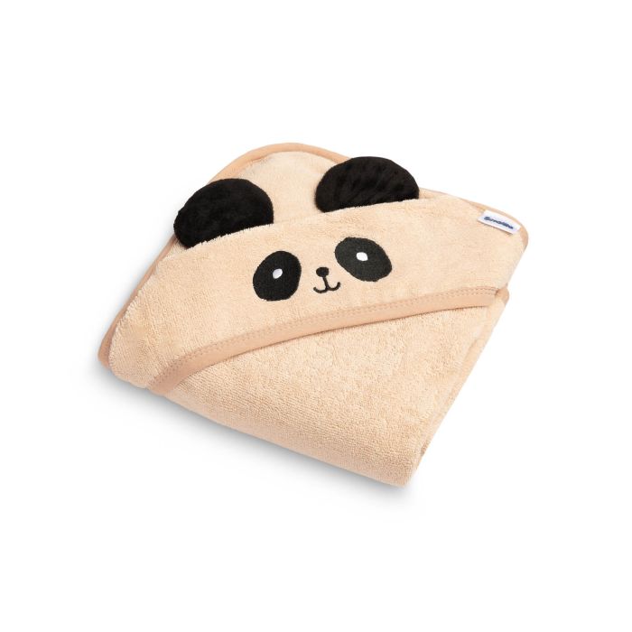 Rankšluostis kūdikiui "PANDA" su gobtuvu 90X90 cm "frotte" smėlio spalvos
