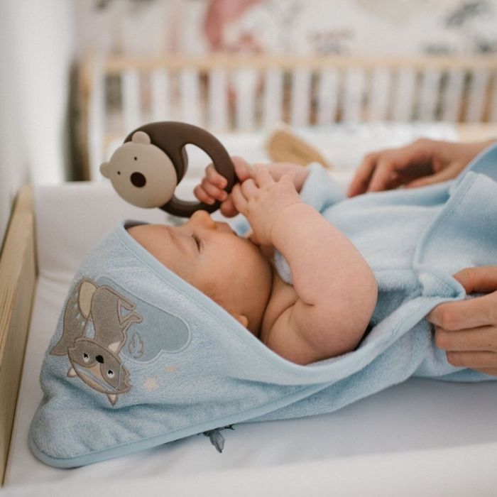 Bambukinis rankšluostis kūdikiui "Foxy" su gobtuvu 100x100cm melsvas